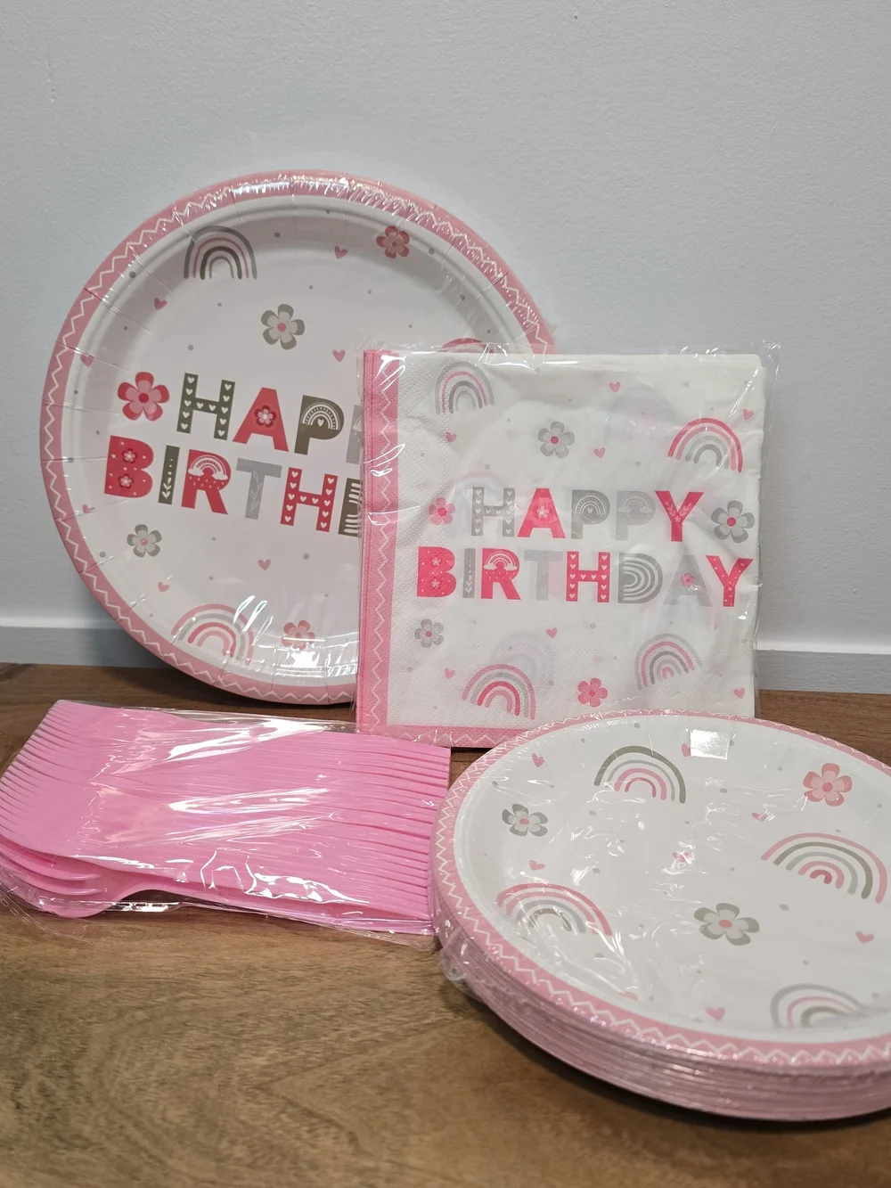 Happy Birthday Pink Boho Rainbow Party Paper Plates, Napkins & Cutlery Set 96pc.